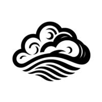 Bold monochrome cloud and wave logo a stylized of swirling cloud formations atop flowing, parallel wave lines, set against a stark white backdrop. vector