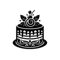 Elegant monochrome illustration a layered cake with cherry topping, leaf accents, and dripping icing, presented on a decorative base. vector