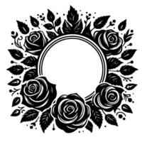 Elegant black rose wreath border with blank center for invitations, floral design, decorative elements, and artistic composition. vector