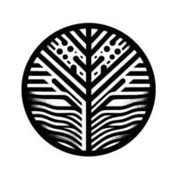 Abstract, black and white, stylized treelike within a circular frame, featuring striped and dotted details. vector
