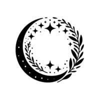 A black and white celestial illustration featuring a crescent moon entwined with stars and leafy branches, forming a circular design. vector