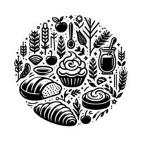 Monochromatic circular composition a bakerys bounty, featuring bread, pastries, fruits, and grains, showcasing a whimsical, vectorart style. vector
