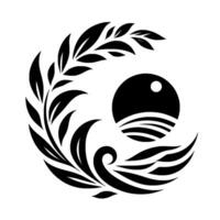 Abstract black and white circular featuring stylized leaves and a sunlike element, creating a harmonious and balanced composition. vector
