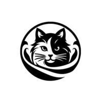 Artistic, symmetrical black and white cat face inside circular decorative frame, showcasing feline charm, whiskers, and friendly expression on a plain white backdrop. vector