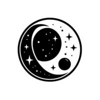 Monochromatic celestial emblem a circular featuring a crescent moon, stars, planets, and a cosmic, serene aesthetic. vector