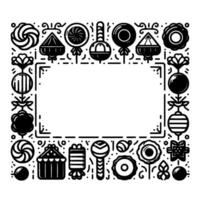 Whimsical black and white candy frame with lollipop, gummy, and treat motifs surrounding a blank rectangle. vector