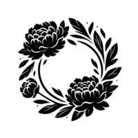 Monochromatic floral wreath illustration featuring bold black peonies and leaves, arranged in a circular on a clean white backdrop. vector