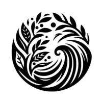 A black and white circular with swirling wavelike patterns intertwined with stylized plant elements, leaves, and berries evoking harmony. vector
