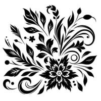 Symmetrical floral black and white arrangement with flowing leaves and ornate swirls on a plain background. vector