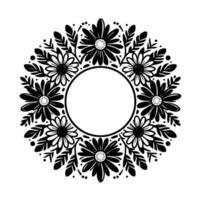 Circular black and white floral wreath with open center for design, featuring daisies and leaf accents. vector