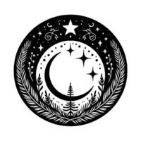 Intricate black and white celestial circle with crescent moon, stars, pine tree, and foliage. vector