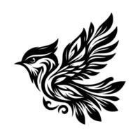 Elegant black and white illustration of a stylized bird in flight, featuring intricate feather patterns, poised against a clean white background. vector