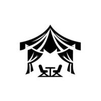 Stylized black tent with table and chairs silhouette, suggesting outdoor event or gathering, minimalist design. vector