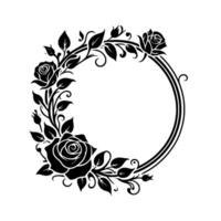 Elegant black and white floral frame with roses, leaves, and vines, encircling an open circular space for customization. vector