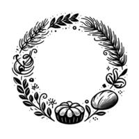 Monochrome circular floral foodthemed illustration a decorative wreath with leafy branches, berries, nuts, and a cake in a minimalist style. vector