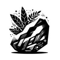 Geometric black and white rock formation with abstract leaf motif and dot accents, minimalist vector