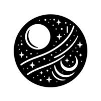A stylized celestial orb a black and white composition featuring a crescent moon, stars, and planetary orbit lines within a circular frame. vector