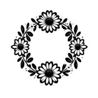 Symmetrical black and white floral wreath daisy and leaf on white, ornamental pattern vector
