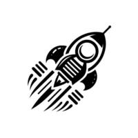 Black and white stylized rocket illustration, showcasing a retrofuturistic with dynamic motion lines against a minimalist white background. vector