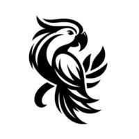 Detailed black and white parrot logo artistic illustration of a tropical bird perched on a branch, with dynamic line work and clean, modern design. vector