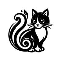 Whimsical cartoon skunk cat, black and white, sitting pose with swirling tail and happy expression, style vector