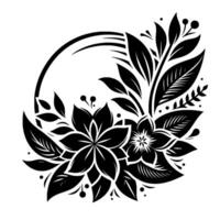 Elegant monochrome floral emblem with a stylized arch, featuring two prominent flowers, leaves, berries, and detailed linework, creating a balanced, decorative design. vector