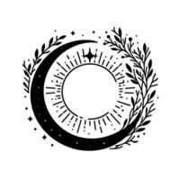 Celestial crescent solar burst motif, adorned with botanical elements, in a minimalist, black and white design. vector