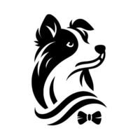 Elegant black and white border collie portrait with bow tie, minimalist on white background. vector