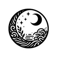 A circular black and white art piece portraying a moonlit seascape with stylized waves, clouds, stars, and foliage inside of a circle. vector