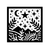 Black and white squareframed illustration depicting a nighttime landscape with mountains, stars, crescent moon, and botanical elements. vector