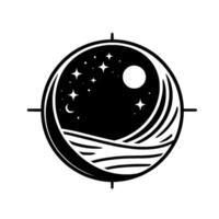 Black and white celestial compass a stylized emblem showcasing night sky elements within a circular frame, crossed by directional markers, evoking a sense of navigation. vector