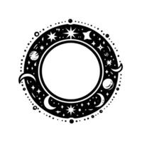 A circular celestial in black and white, featuring moons, stars, planets, and cosmic elements around a vacant central space. vector