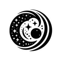 Abstract black and white cosmic composition celestial bodies, crescent moons, and stars within a swirling circle. vector