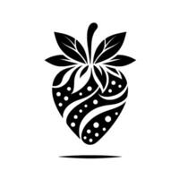 Stylized black and white strawberry with detailed leafy crown and dot ornamentation on clean white backdrop. vector