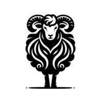 Striking, minimalist black and white illustration of a stylized ram, depicting strength, with detailed, decorative elements. vector