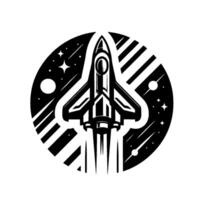 Black and white stylized space shuttle launching from earths orbit inside a circle with planets, stars, and diagonal lines. vector