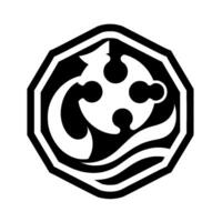 Intricate, abstract, octagonal emblem in contrasting black and white featuring a stylized cross, waves, and decorative flourishes. vector
