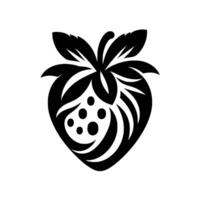 Bold, minimalist black and white illustration of a stylized strawberry, with leafy crown and seed details. vector