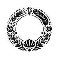 Elegant monochrome circular botanical illustration, floral wreath with leaves, shell feather elements in minimalist style. vector
