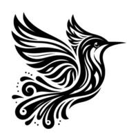 Striking black white stylized bird illustration with decorative feathers and swirls, set against a clean white background. vector