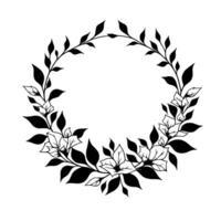 Elegant black and white floral wreath design, featuring leaves and flowers in a circular composition on a white background. vector