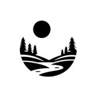 Stylized, minimalist landscape illustration featuring a black sun, pine trees, rolling hills, and a winding river enclosed within a circular frame. vector