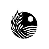 Minimalist black and white circular depicting silhouetted plant, sun, and serene landscape. vector