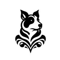 Black white border collie design, elegant silhouette with ornamental crest, against white background, representing loyalty and trust. vector