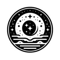 Circular black and white cosmic illustration, features a moon and stars, above a landscape within a border, minimalist design. vector