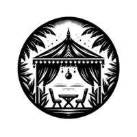 Elegant black and white illustration of a gazebo with fringed canopy, furniture, palm trees, and a circular frame. vector
