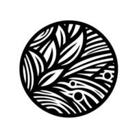 Elegant monochrome within a circle, featuring stylized leaves and flowing lines with contrasting black and white negative space, creating a balanced composition. vector