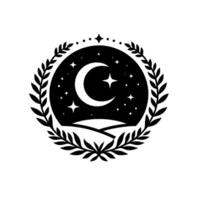 Black and white crest crescent moon and stars encircled by laurel wreath, with minimalist landscape. vector