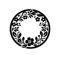 Circular black white floral design an elegant symmetrical wreath of leaves, stylized flowers, and berries forming a decorative, minimalist border. vector