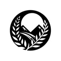 A stylized black and white emblem featuring a mountain scene with flowing rivers and leafy branches within a circular frame, against a stark white backdrop. vector